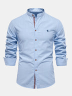 High-neck linen effect long-sleeve shirt