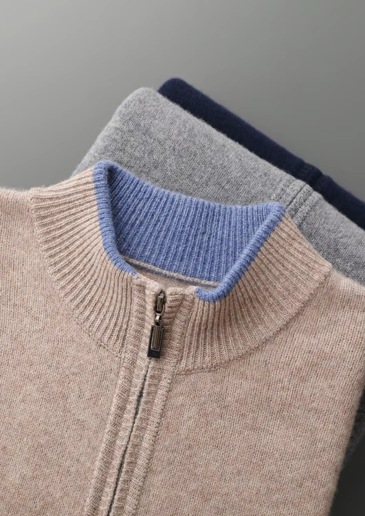 PURE EXTRA-FINE MERINO WOOL TWO-TONE ZIP CARDIGAN