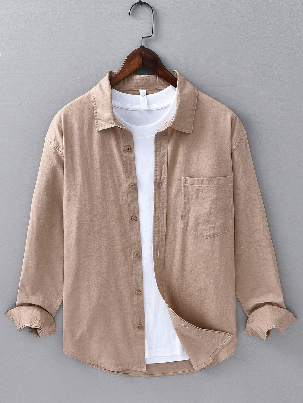 Long Sleeve Linen and Cotton Shirt with Pocket