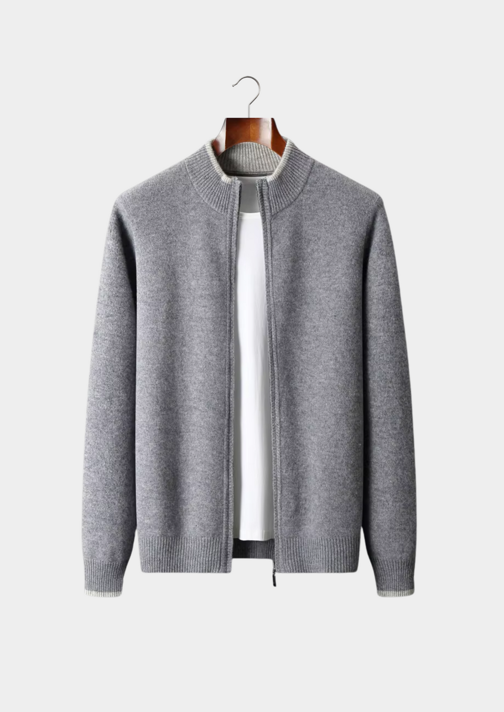 PURE EXTRA-FINE MERINO WOOL TWO-TONE ZIP CARDIGAN